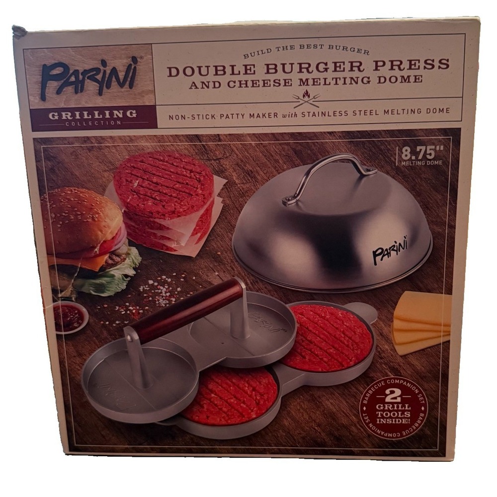 Double Non-Stick Burger Press & Cheese Melting Dome 8.75" NEW IN BOX Parini